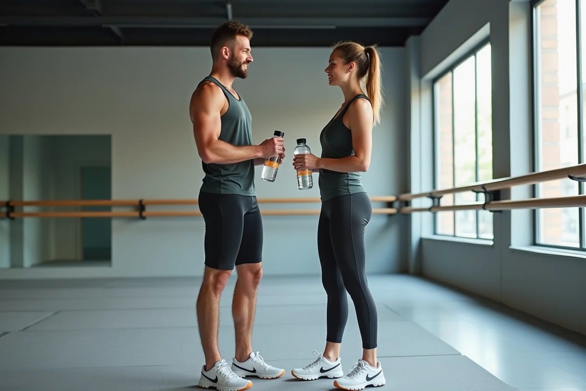 Deux personnes en tenue de sport adaptée à la salle de gym, près d'un espace d'étirement avec miroirs et tapis