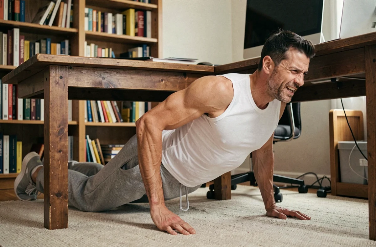 Homme faisant des tractions sous un bureau en bois pour muscler les biceps sans matériel à domicile