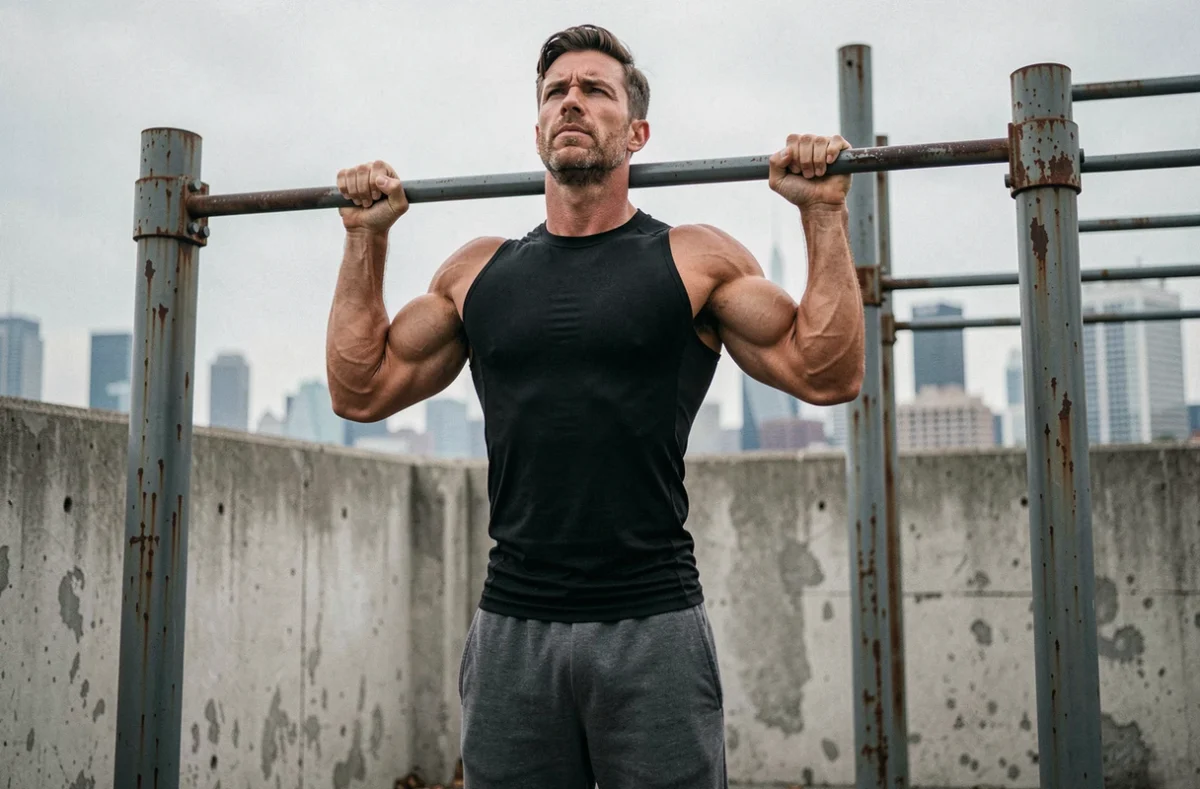 Homme réalisant des tractions strictes dans un parc urbain, illustrant une méthode d'entraînement au poids du corps en musculation