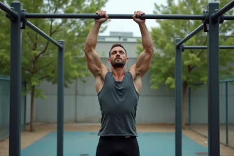 Homme musclé effectuant des tractions à la barre en plein air, épaules et dorsaux sollicités lors d'un exercice de calisthenics urbain