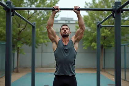 Homme musclé effectuant des tractions à la barre en plein air, épaules et dorsaux sollicités lors d'un exercice de calisthenics urbain