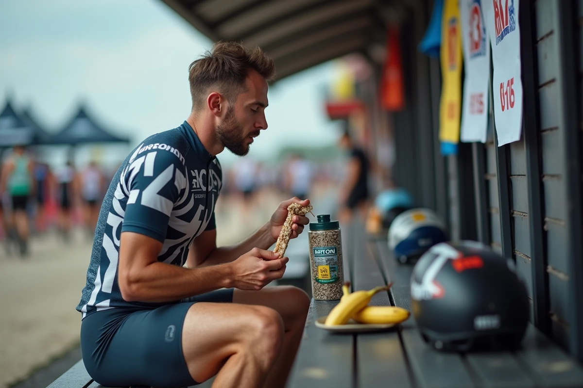 Triathlète consommant des glucides rapides pendant une pause sur un site de compétition