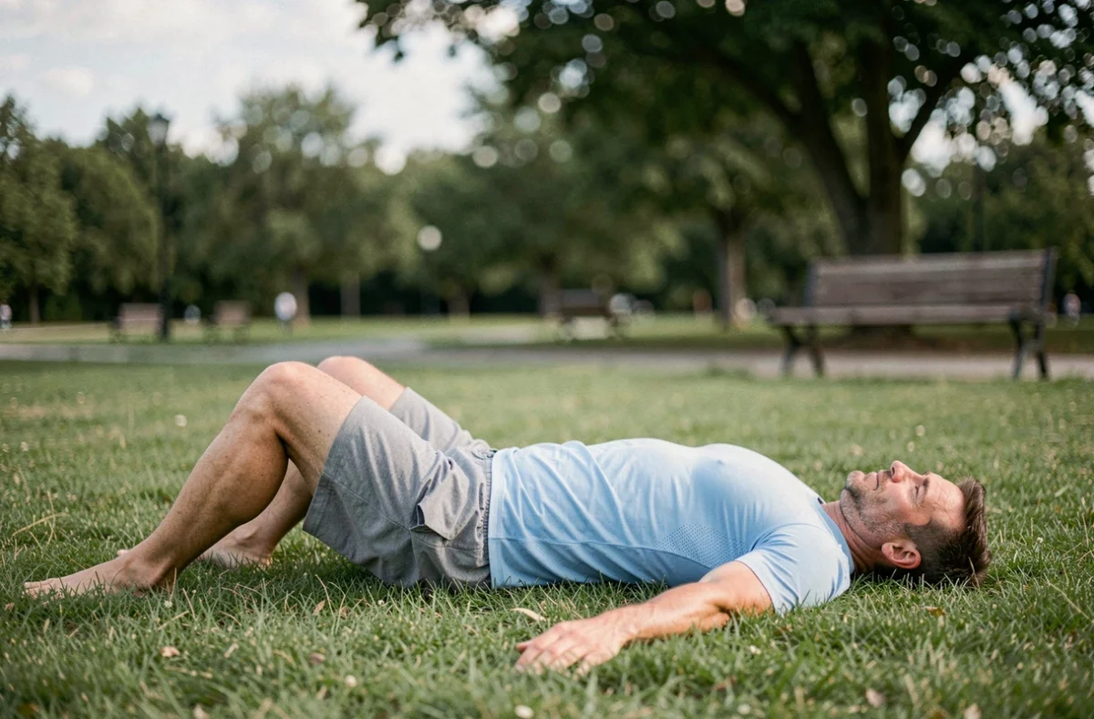 Homme effectuant une variante basse de l'exercice abdo ciseau allongé sur l'herbe dans un parc en plein air