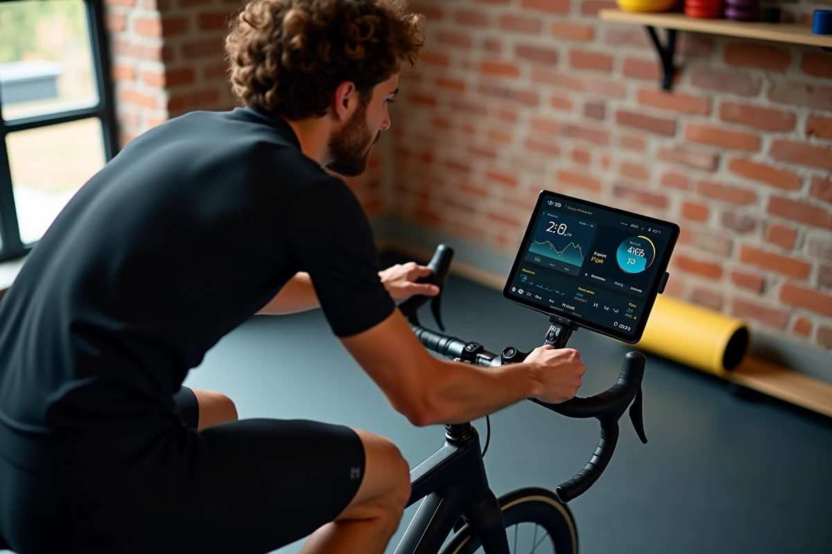 Cycliste utilisant un home trainer connecté et une application mobile pour mesurer la puissance et la fréquence cardiaque à l'entraînement