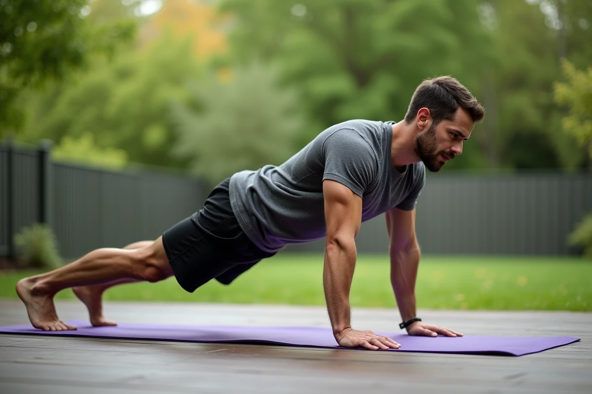 Homme en position Chaturanga sur un deck en bois extérieur, démontrant une pose de yoga qui renforce les muscles du haut du corps